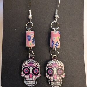 Handmade Beaded Halloween Pink White Candy skull Day of the Dead earrings